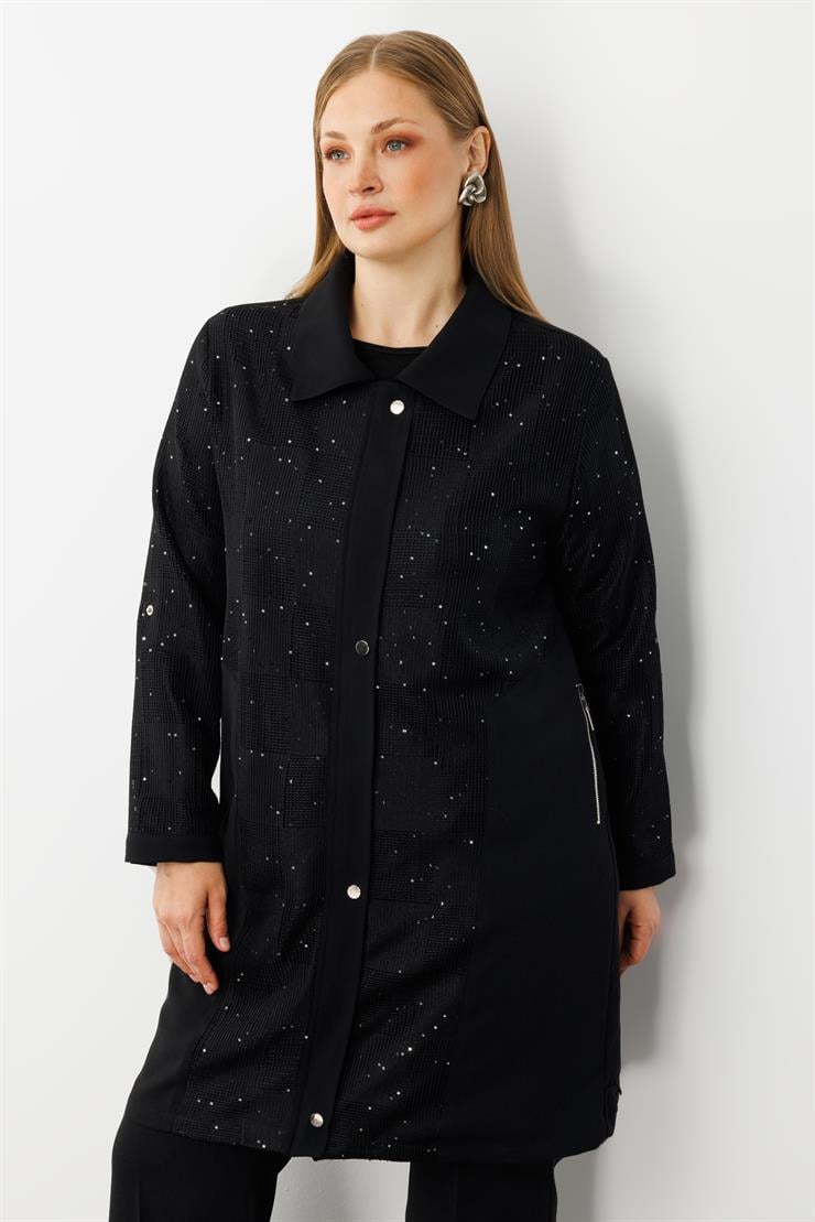 Modailgi  Çıtçıtlı Dama Desen File Pullu Detaylı Kap Siyah