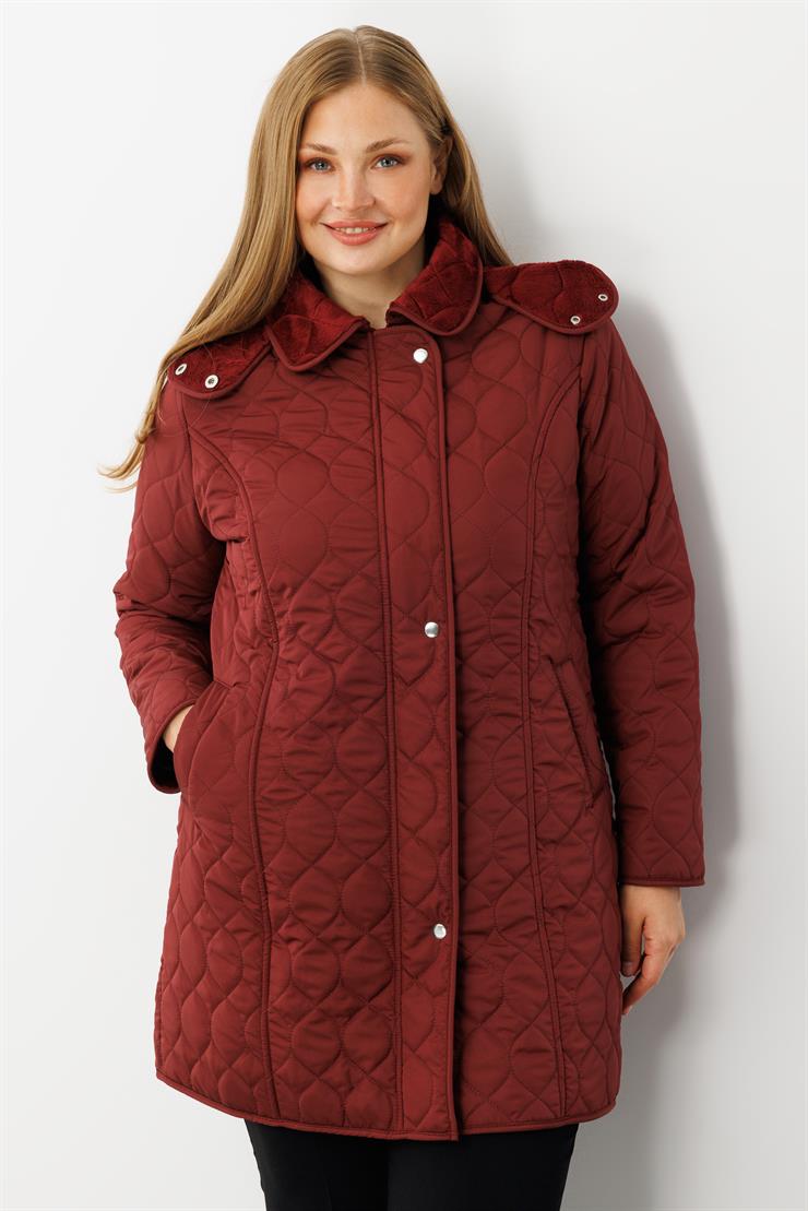 Modailgi  Çıtçıtlı Fermuarlı Soğan Desenli Kapüşonlu Kapitone Kaban Bordo