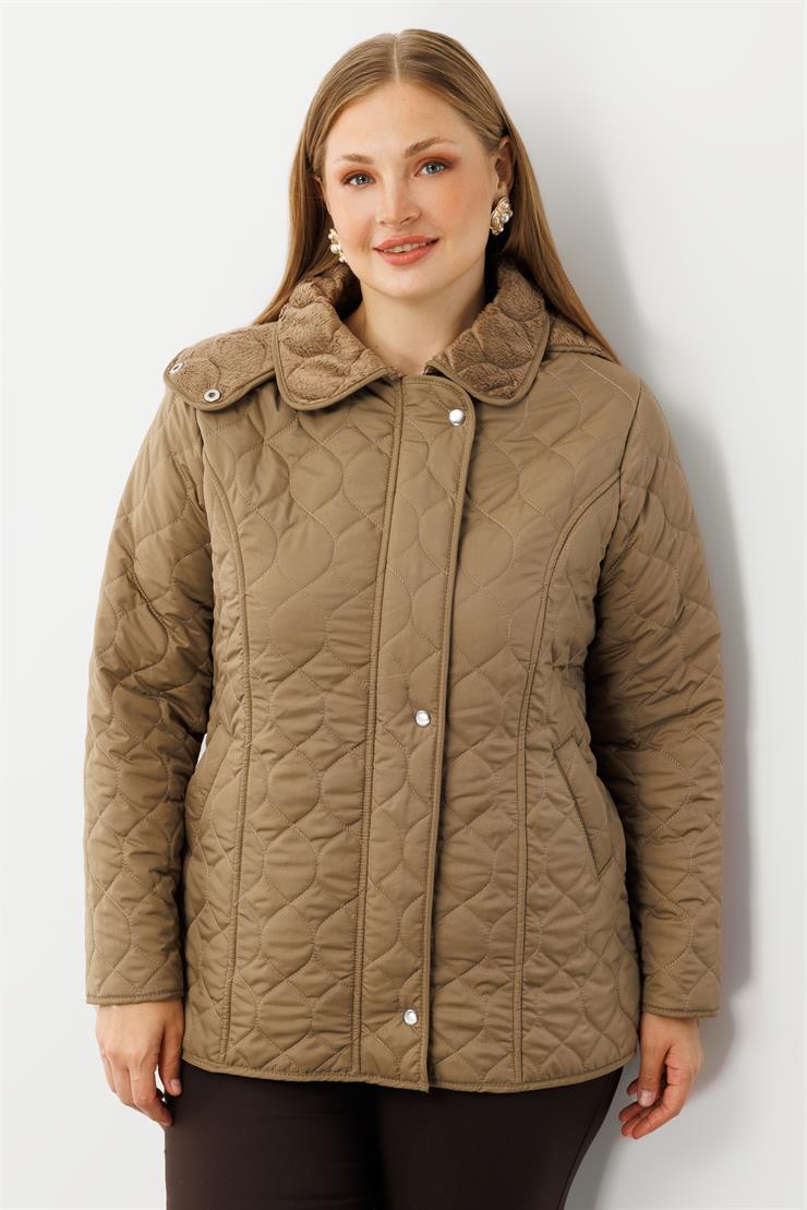 Modailgi  Çıtçıtlı Fermuarlı Soğan Desenli Kapüşonlu Kısa Kapitone Kaban Vizon