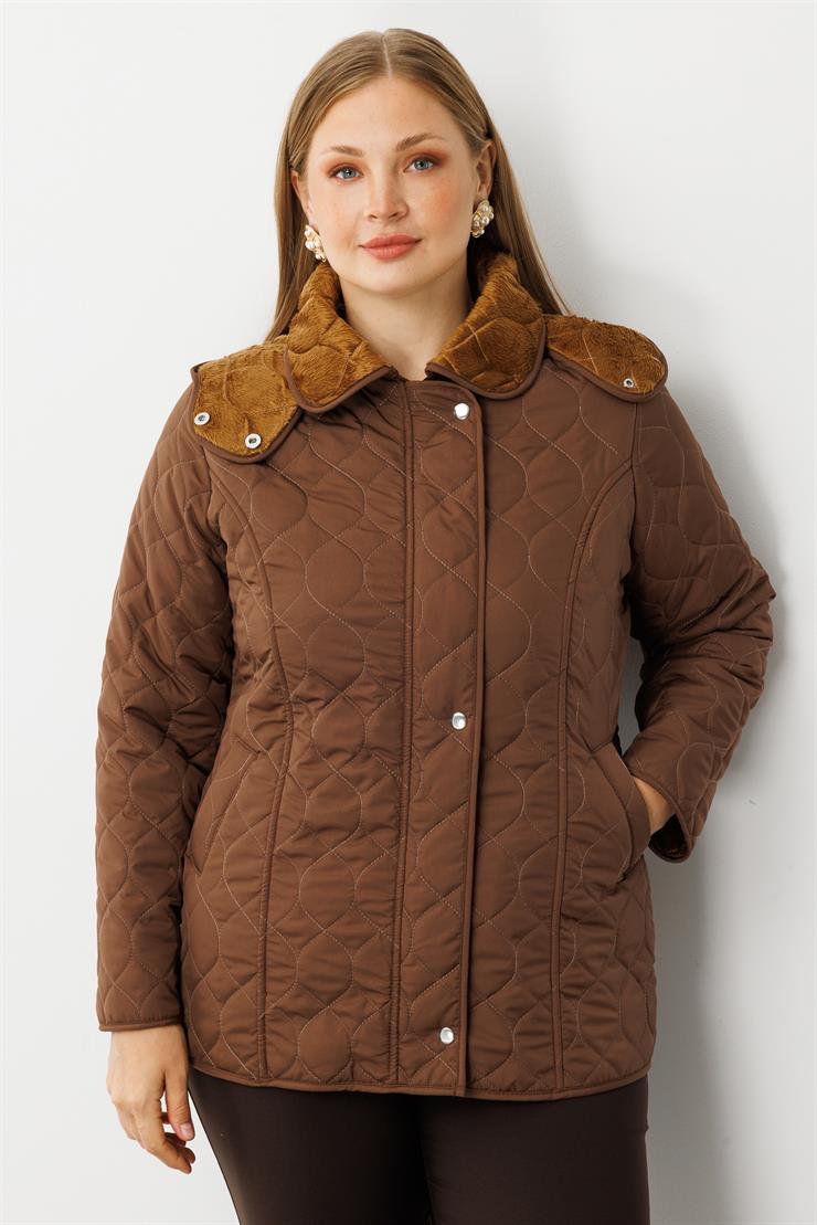 Modailgi  Çıtçıtlı Fermuarlı Soğan Desenli Kapüşonlu Kısa Kapitone Kaban Kahve