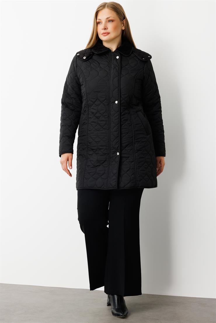 Modailgi  Çıtçıtlı Fermuarlı Soğan Desenli Kapüşonlu Kapitone Kaban Siyah