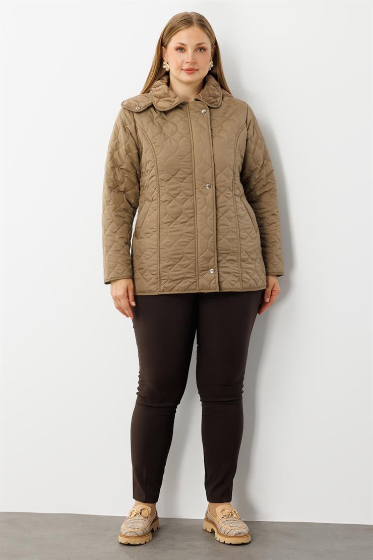 Modailgi  Çıtçıtlı Fermuarlı Soğan Desenli Kapüşonlu Kısa Kapitone Kaban Vizon