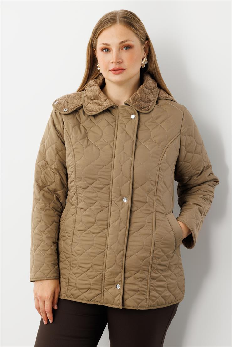 Modailgi  Çıtçıtlı Fermuarlı Soğan Desenli Kapüşonlu Kısa Kapitone Kaban Vizon