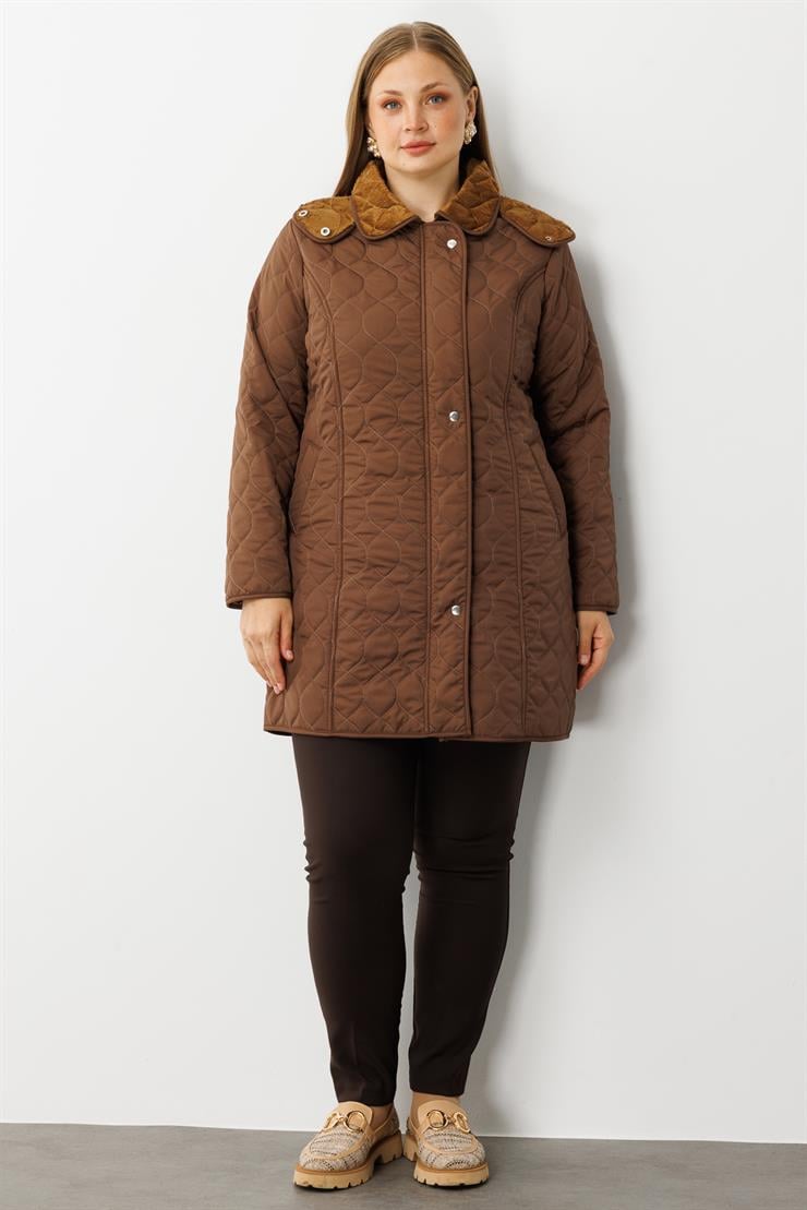 Modailgi  Çıtçıtlı Fermuarlı Soğan Desenli Kapüşonlu Kapitone Kaban Kahve