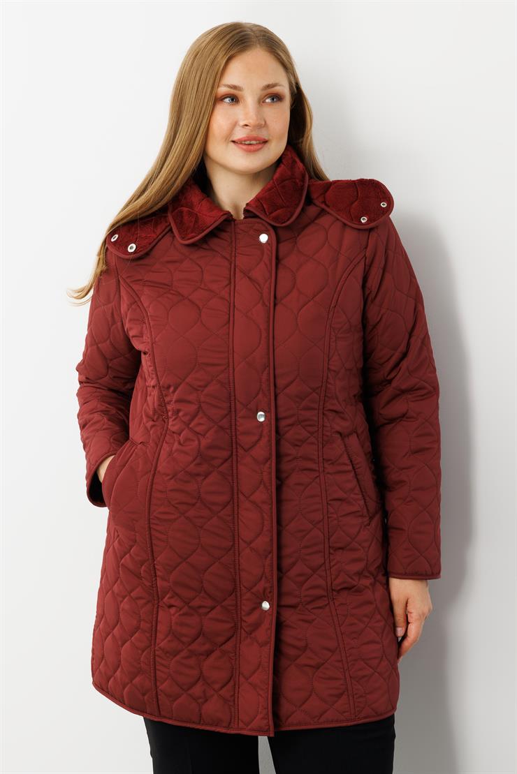 Modailgi  Çıtçıtlı Fermuarlı Soğan Desenli Kapüşonlu Kapitone Kaban Bordo