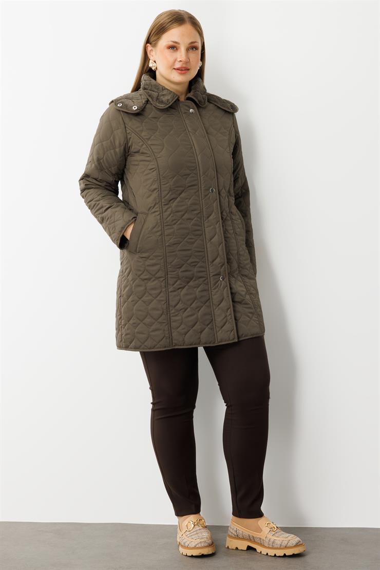 Modailgi  Çıtçıtlı Fermuarlı Soğan Desenli Kapüşonlu Kapitone Kaban Haki