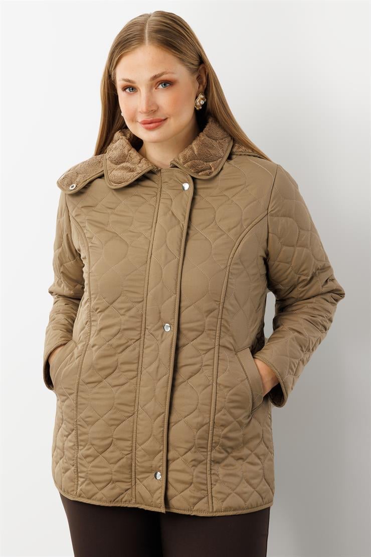 Modailgi  Çıtçıtlı Fermuarlı Soğan Desenli Kapüşonlu Kısa Kapitone Kaban Vizon