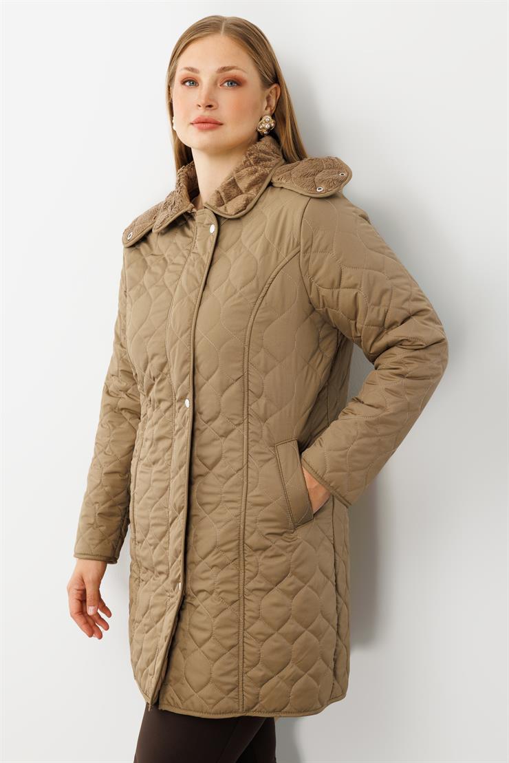 Modailgi  Çıtçıtlı Fermuarlı Soğan Desenli Kapüşonlu Kapitone Kaban Vizon