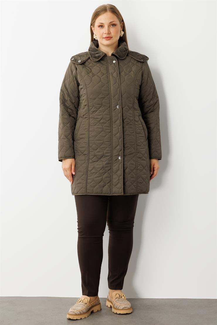 Modailgi  Çıtçıtlı Fermuarlı Soğan Desenli Kapüşonlu Kapitone Kaban Haki