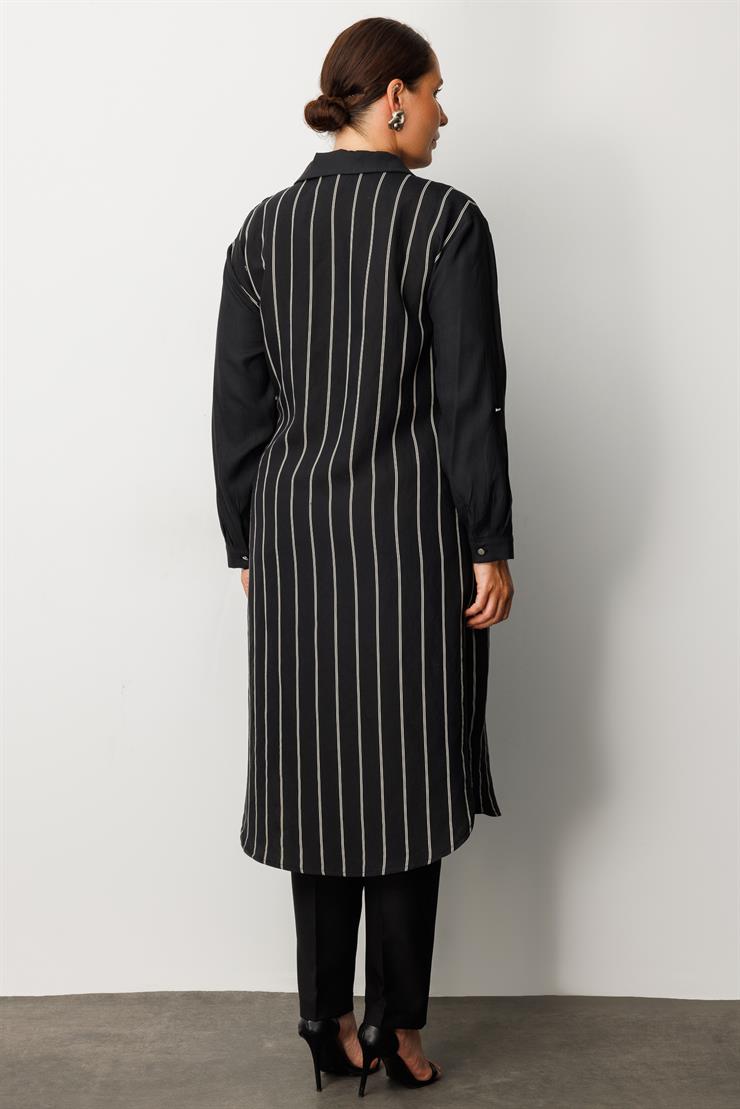 Modailgi  Çizgili Bağlama Detaylı Tunik Siyah