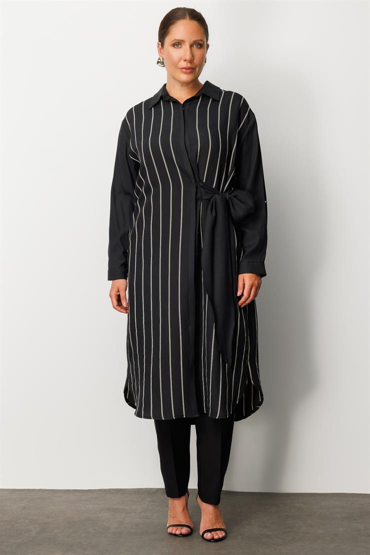 Modailgi  Çizgili Bağlama Detaylı Tunik Siyah