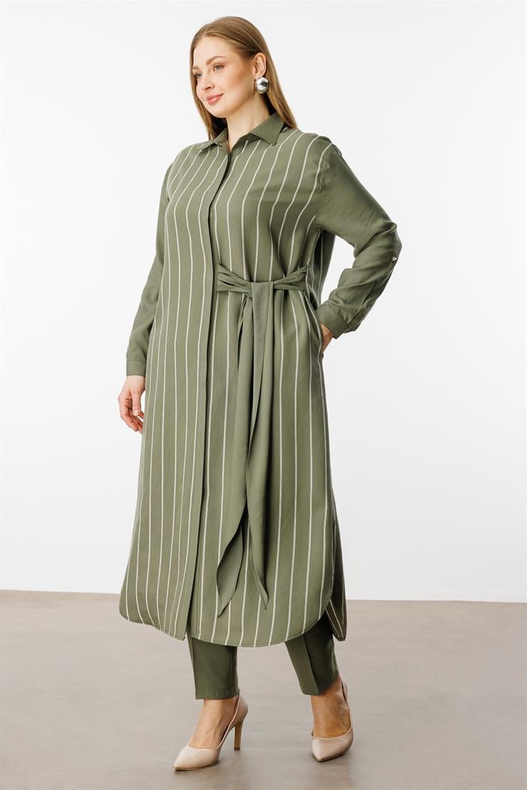 Modailgi  Çizgili Bağlama Detaylı Tunik Haki