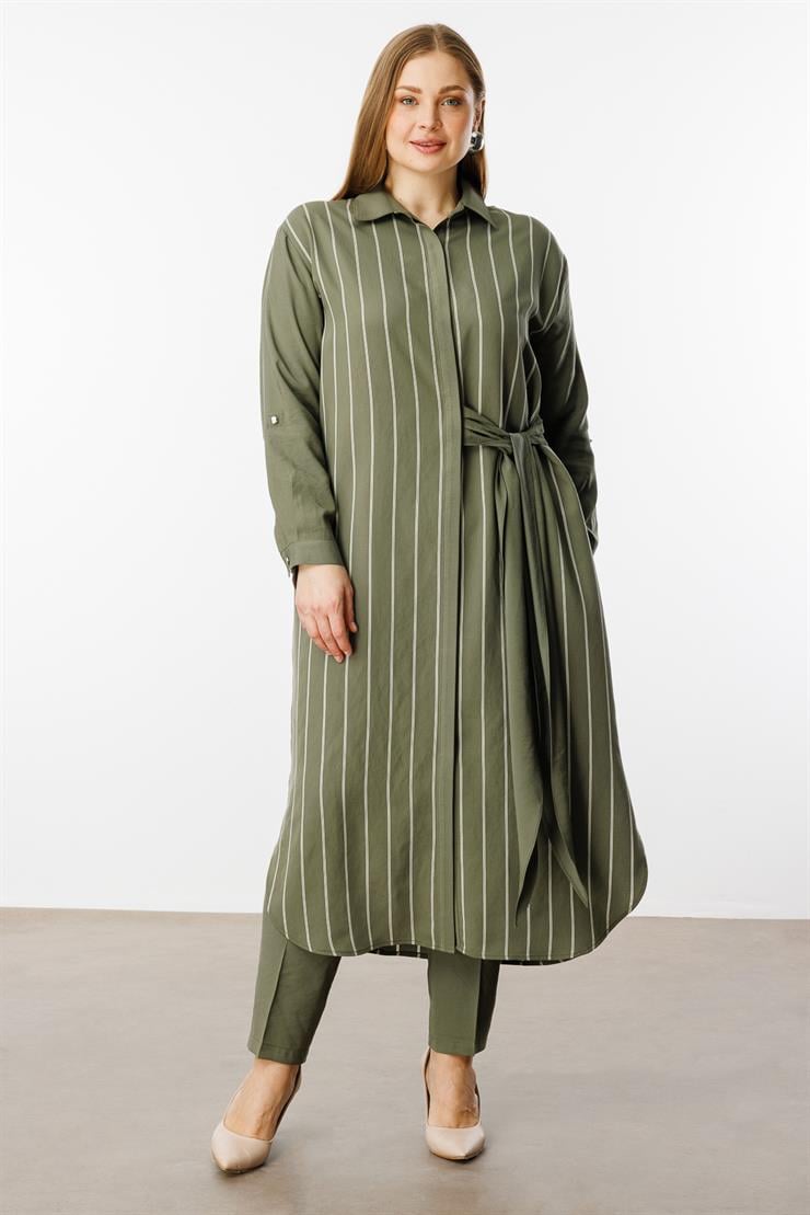 Modailgi  Çizgili Bağlama Detaylı Tunik Haki