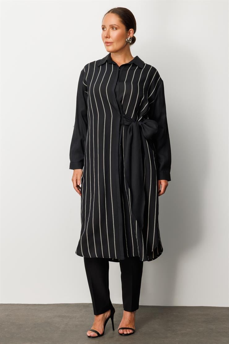 Modailgi  Çizgili Bağlama Detaylı Tunik Siyah