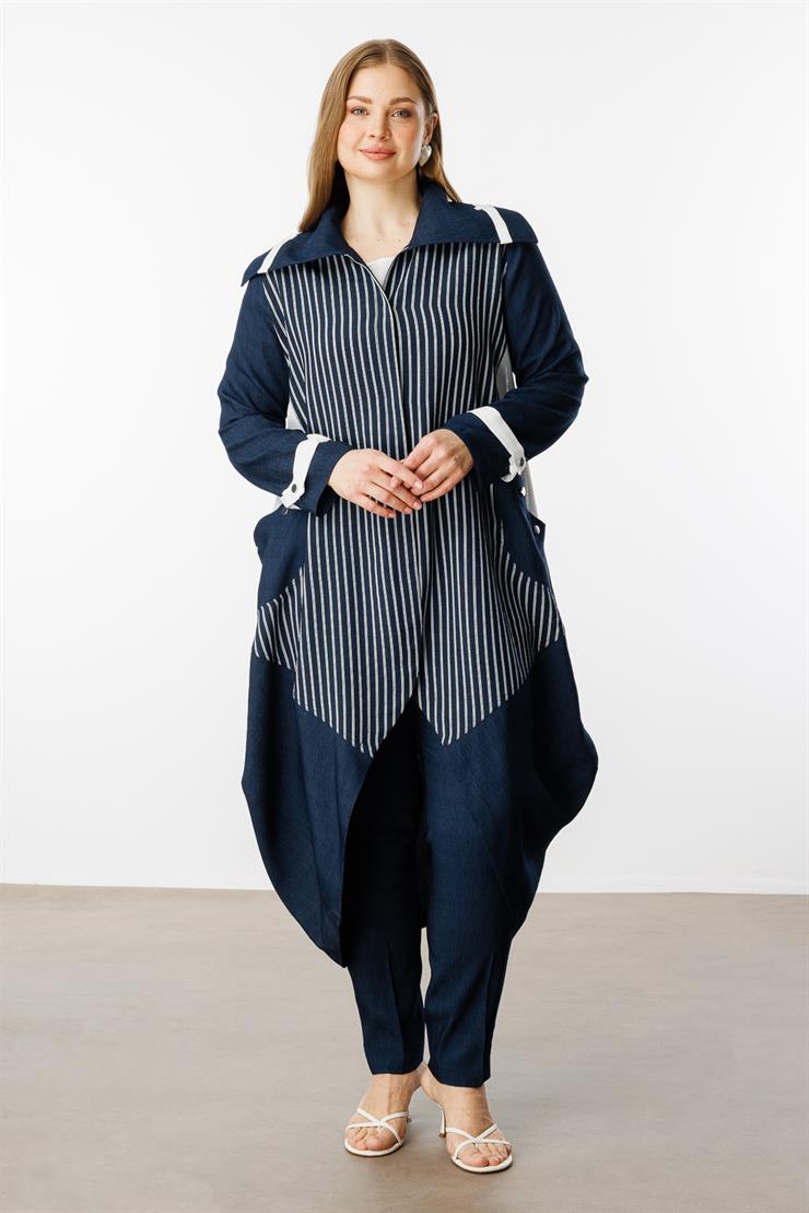 Modailgi  Çizgili File Detaylı Kap Lacivert