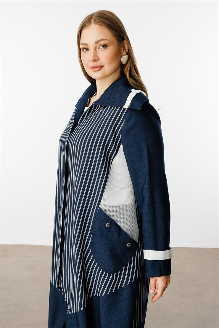 Modailgi  Çizgili File Detaylı Kap Lacivert