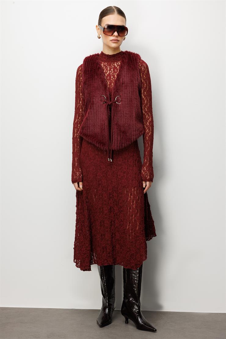 Modailgi  Çizgili Kısa Peluş Yelek Bordo