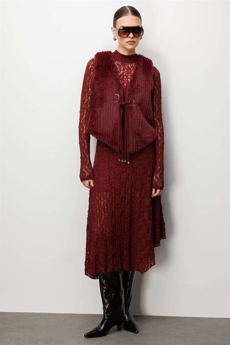 Modailgi  Çizgili Kısa Peluş Yelek Bordo