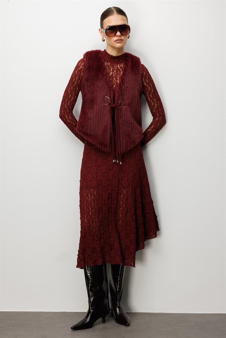 Modailgi  Çizgili Kısa Peluş Yelek Bordo