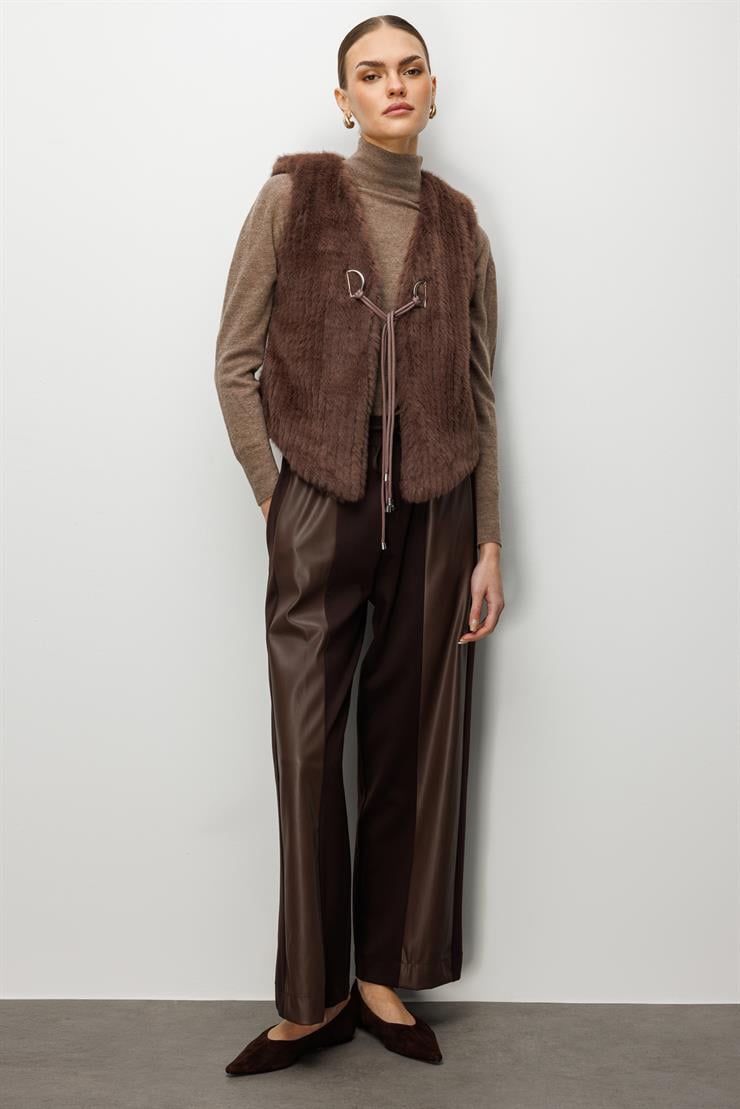 Modailgi  Çizgili Kısa Peluş Yelek Kahve