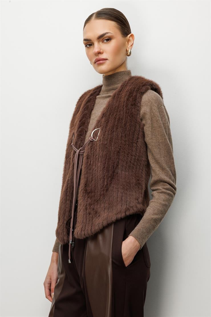 Modailgi  Çizgili Kısa Peluş Yelek Kahve