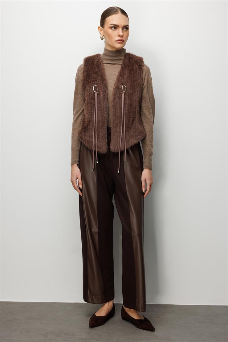 Modailgi  Çizgili Kısa Peluş Yelek Kahve