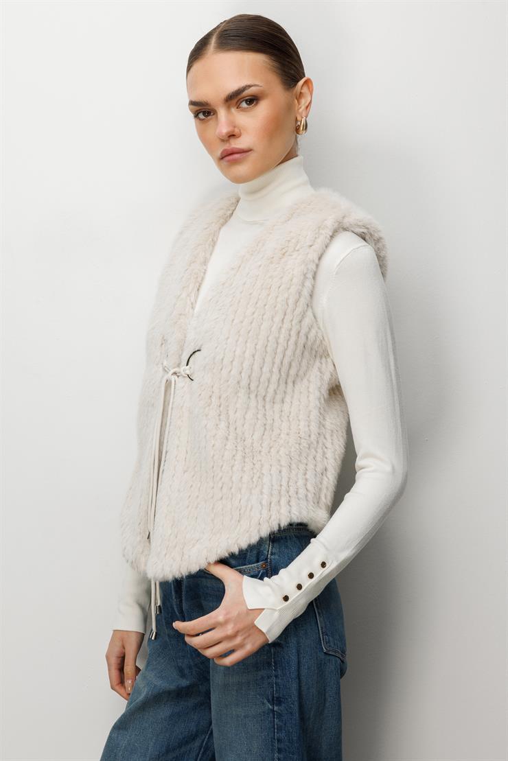 Modailgi  Çizgili Kısa Peluş Yelek Kemik