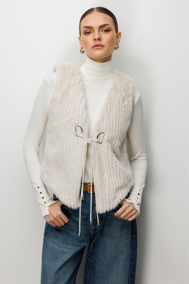 Modailgi  Çizgili Kısa Peluş Yelek Kemik