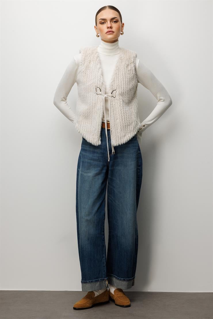 Modailgi  Çizgili Kısa Peluş Yelek Kemik