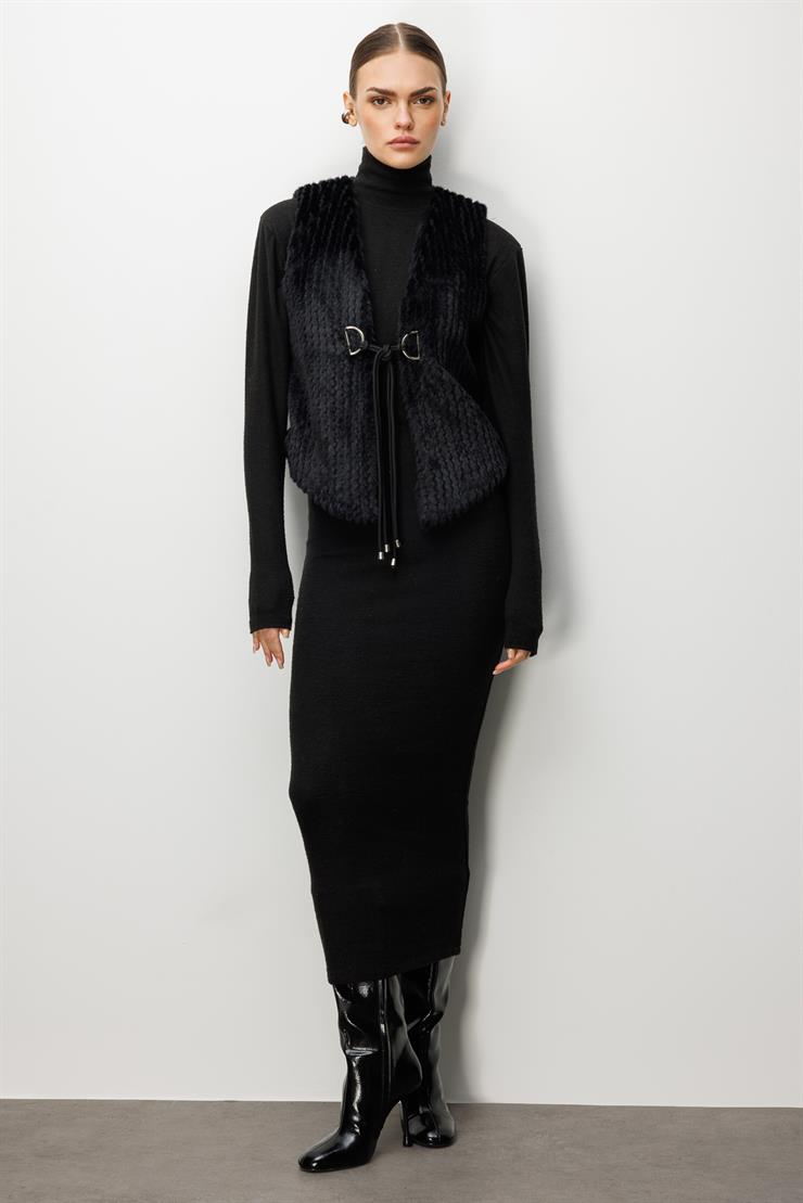 Modailgi  Çizgili Kısa Peluş Yelek Siyah