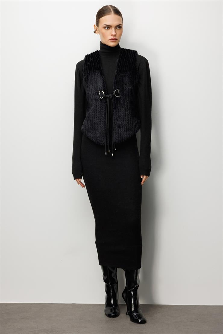 Modailgi  Çizgili Kısa Peluş Yelek Siyah