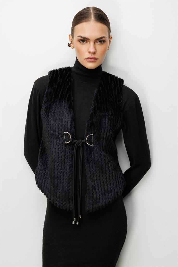 Modailgi  Çizgili Kısa Peluş Yelek Siyah
