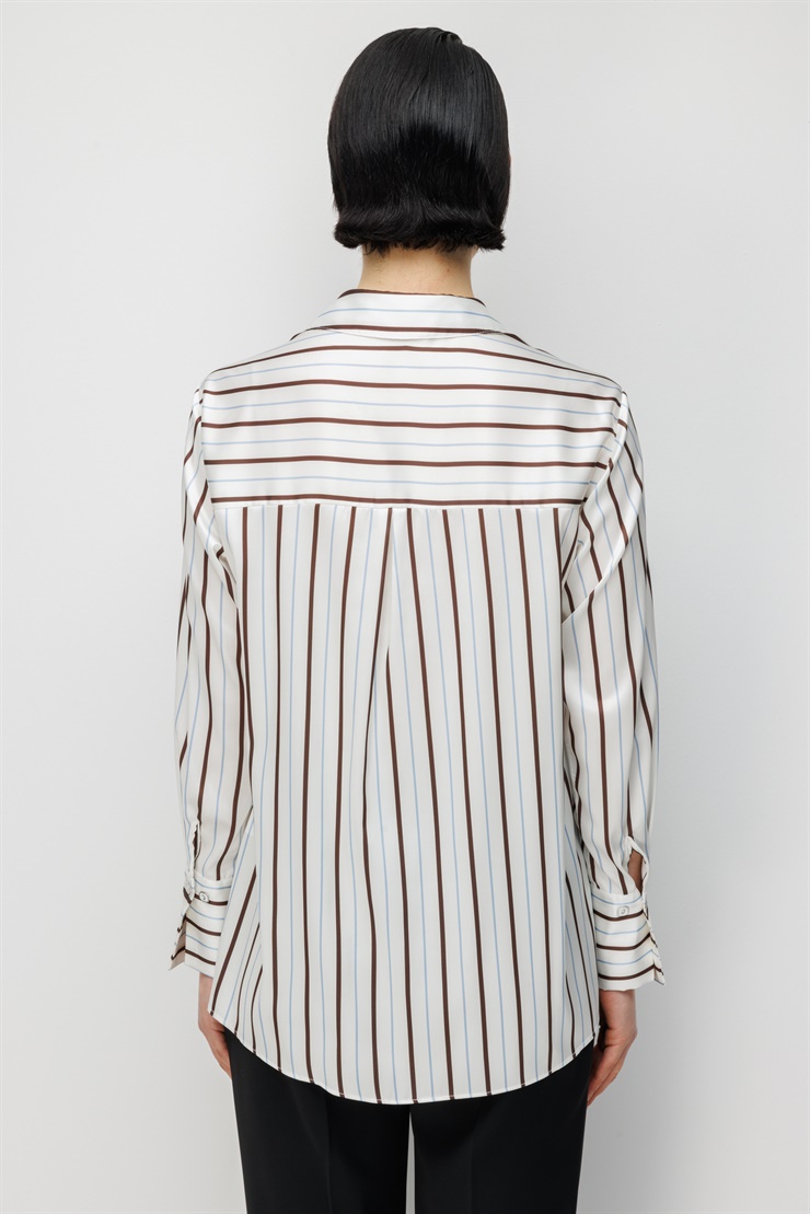 Modailgi  Çizgili Oversize Saten Gömlek Kahve