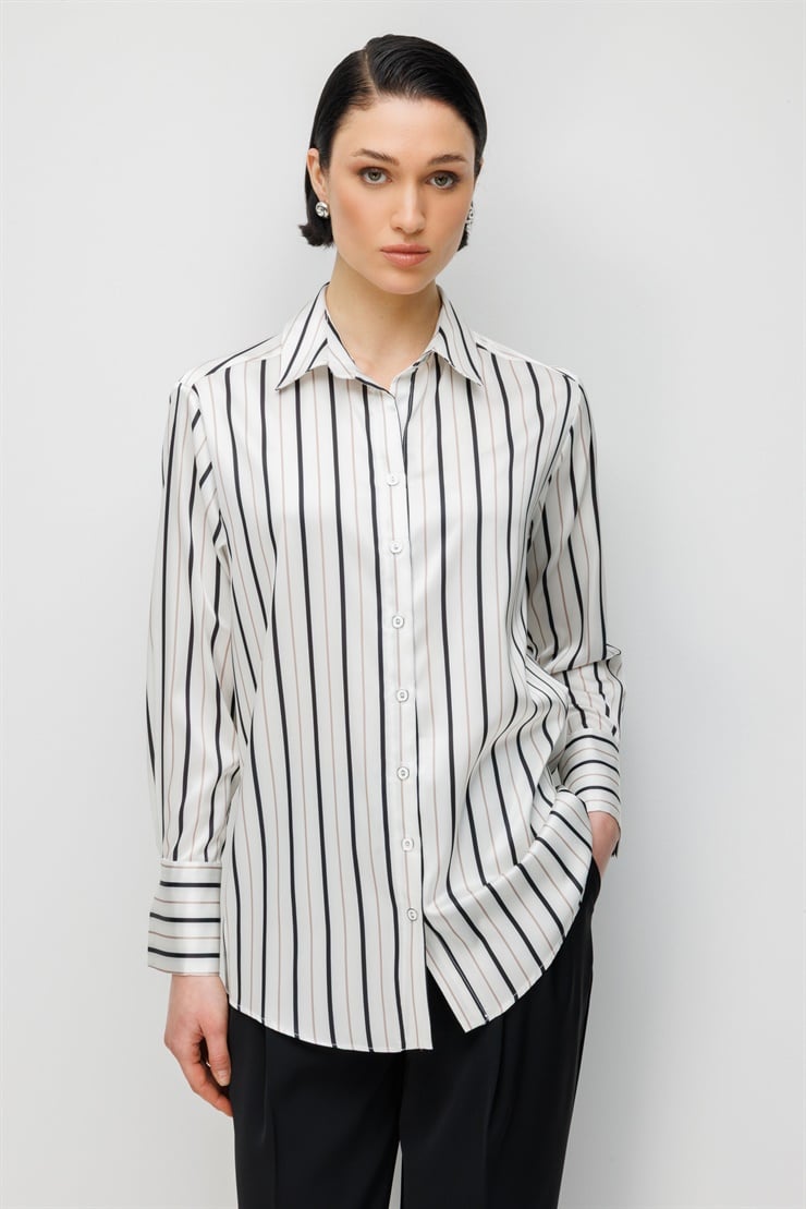 Modailgi  Çizgili Oversize Saten Gömlek Siyah
