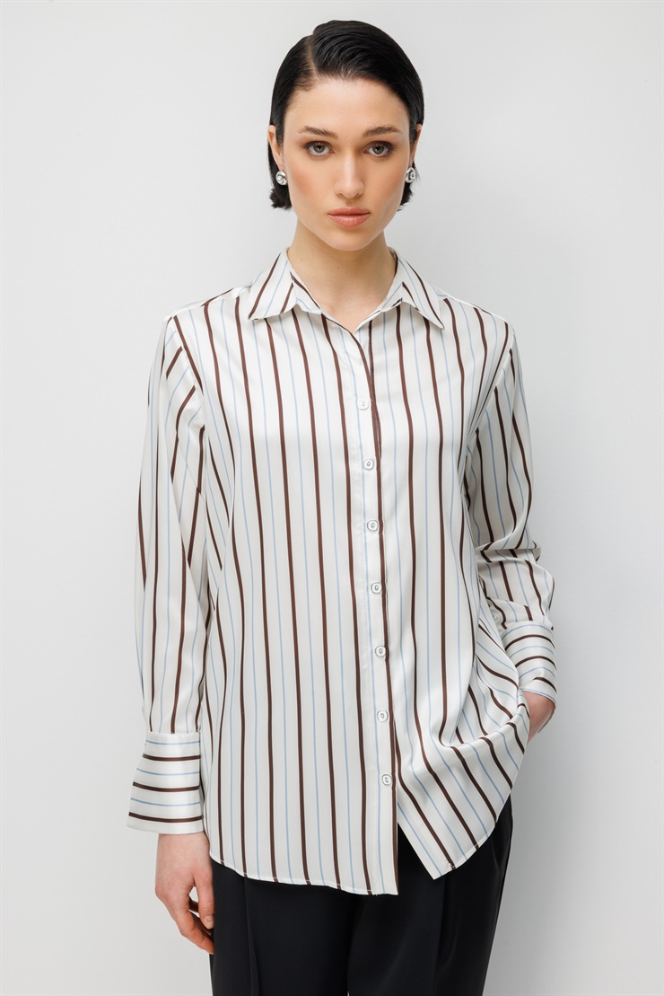 Modailgi  Çizgili Oversize Saten Gömlek Kahve