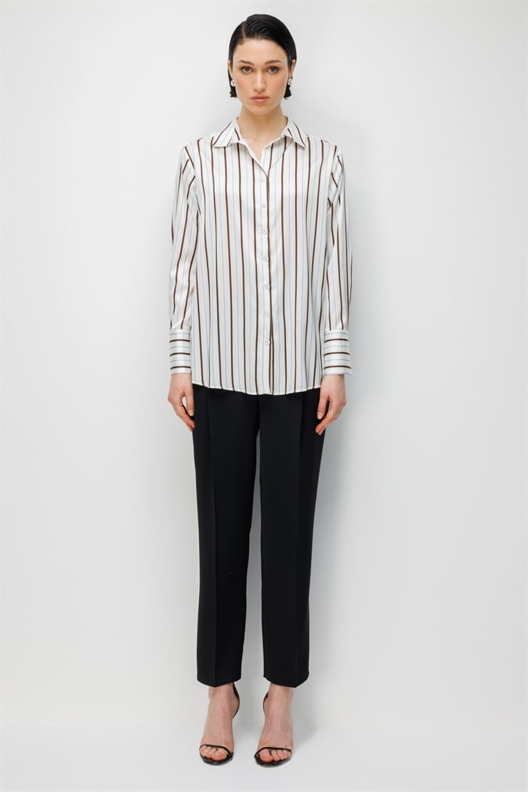 Modailgi  Çizgili Oversize Saten Gömlek Kahve