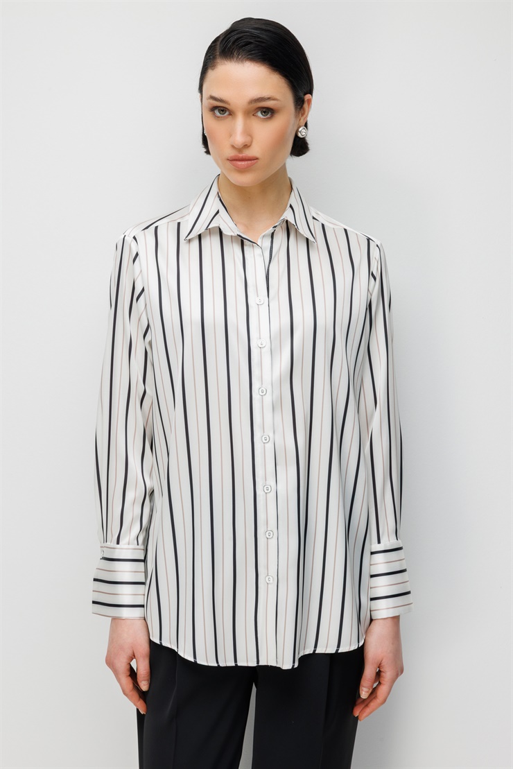 Modailgi  Çizgili Oversize Saten Gömlek Siyah