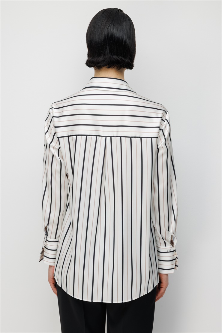 Modailgi  Çizgili Oversize Saten Gömlek Siyah