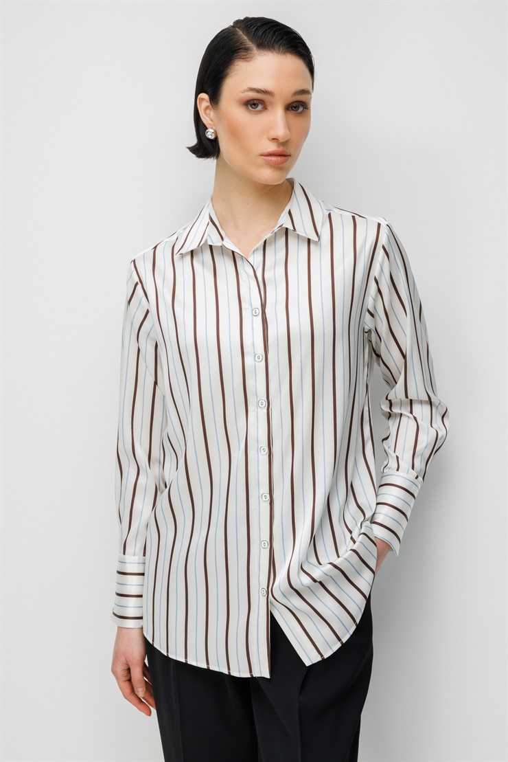 Modailgi  Çizgili Oversize Saten Gömlek Kahve