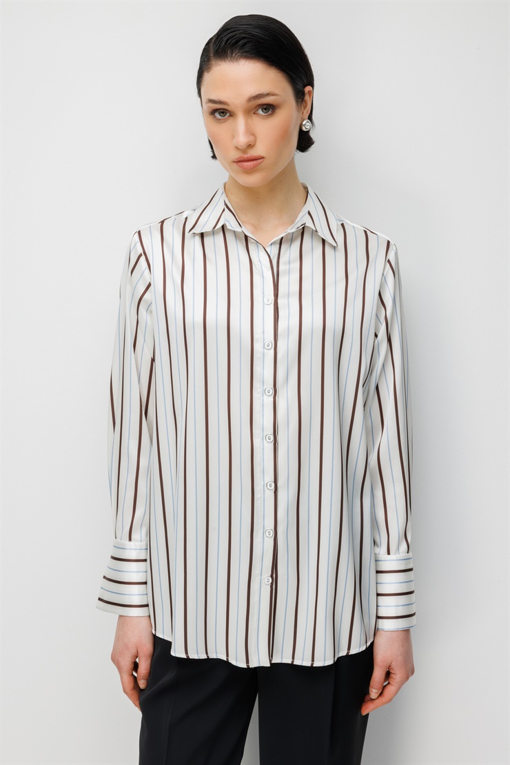 Modailgi  Çizgili Oversize Saten Gömlek Kahve