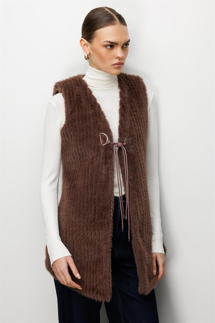 Modailgi  Çizgili Uzun Peluş Yelek Kahve