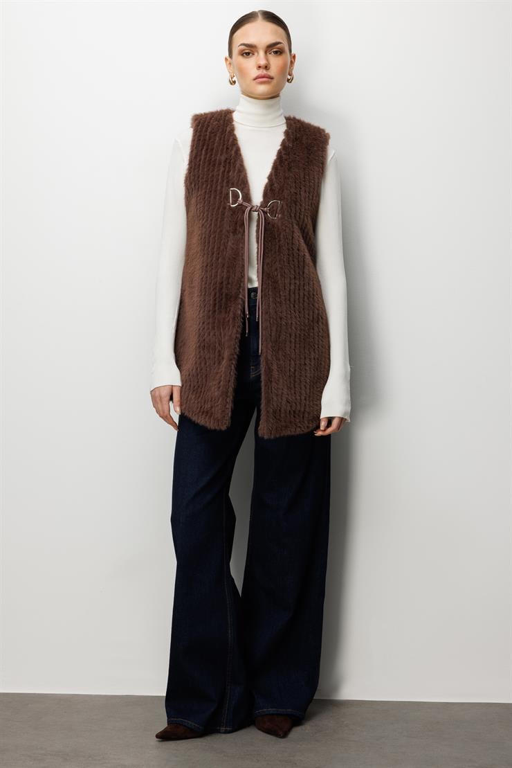 Modailgi  Çizgili Uzun Peluş Yelek Kahve