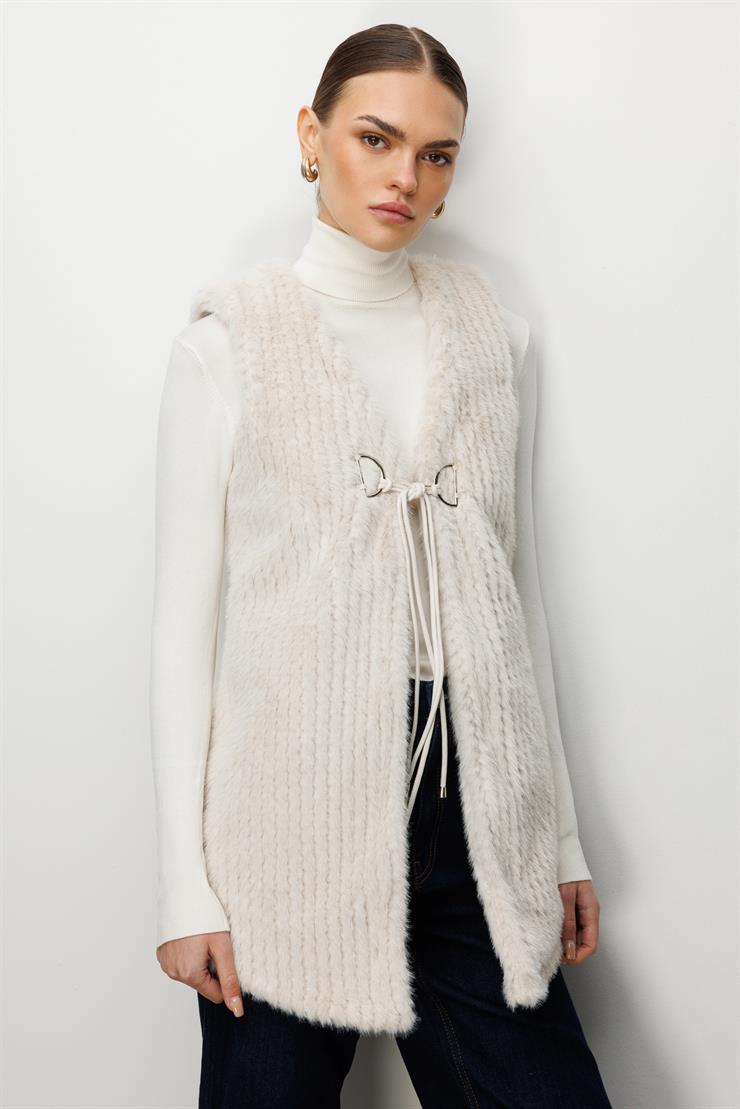 Modailgi  Çizgili Uzun Peluş Yelek Kemik