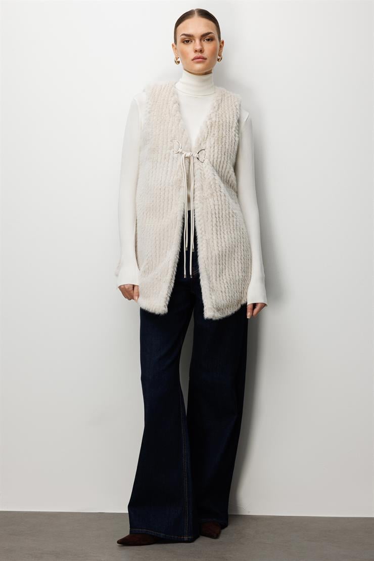 Modailgi  Çizgili Uzun Peluş Yelek Kemik