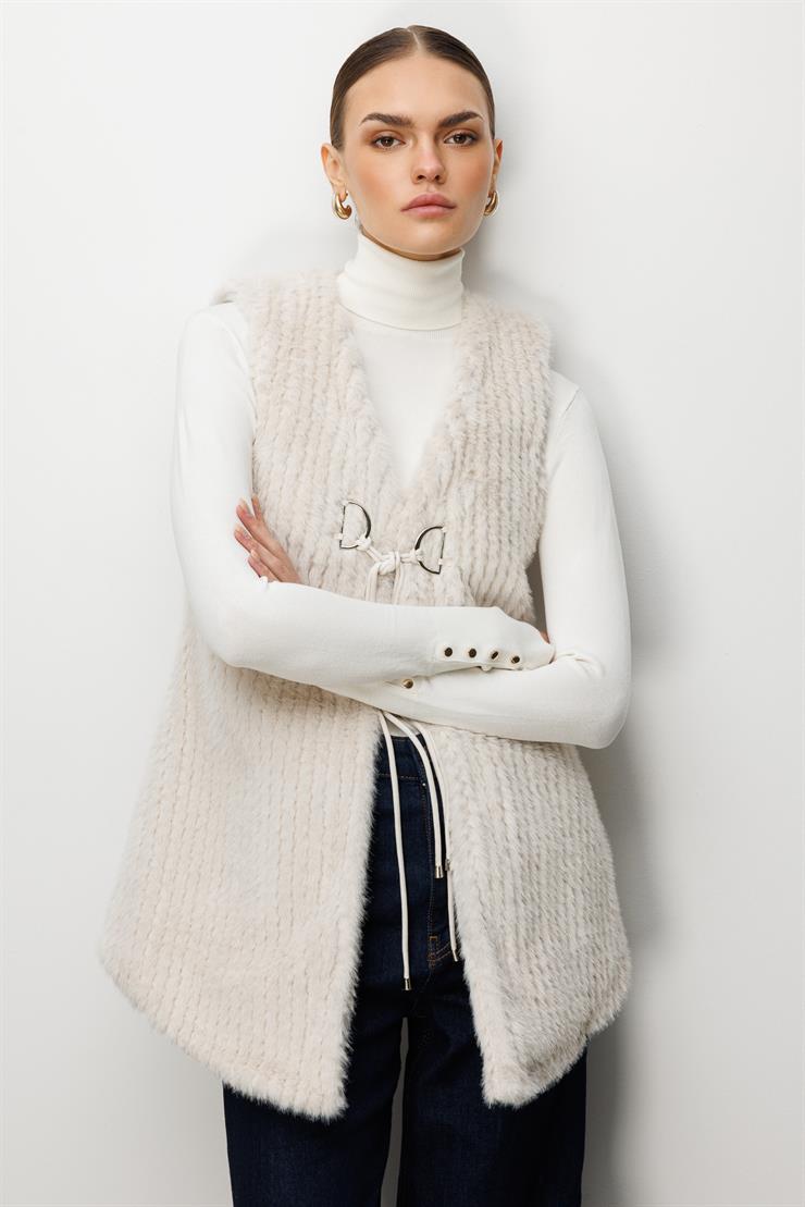 Modailgi  Çizgili Uzun Peluş Yelek Kemik