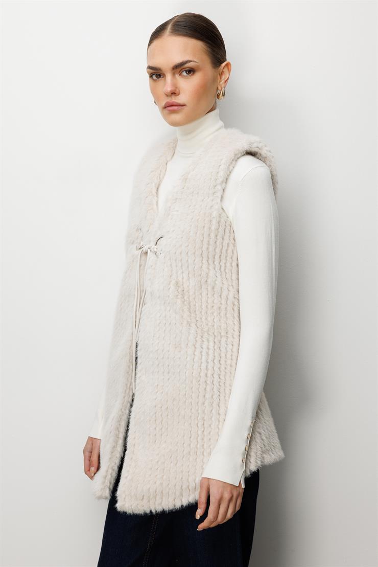 Modailgi  Çizgili Uzun Peluş Yelek Kemik