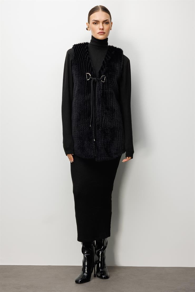 Modailgi  Çizgili Uzun Peluş Yelek Siyah