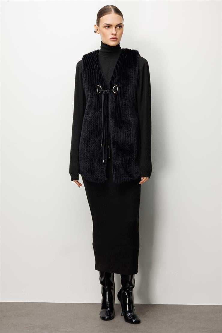 Modailgi  Çizgili Uzun Peluş Yelek Siyah
