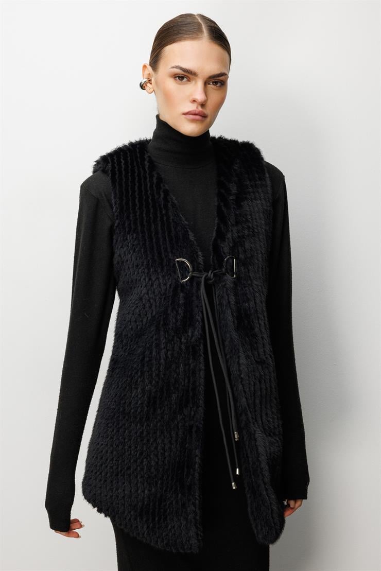 Modailgi  Çizgili Uzun Peluş Yelek Siyah