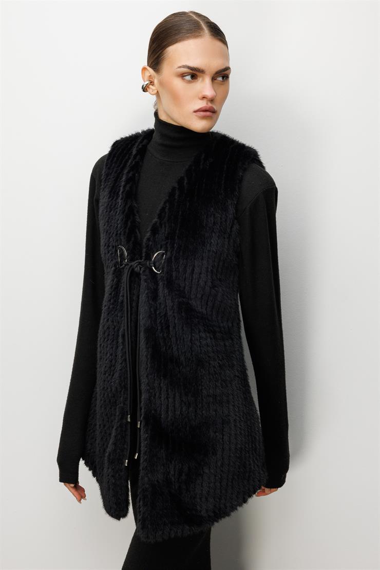 Modailgi  Çizgili Uzun Peluş Yelek Siyah